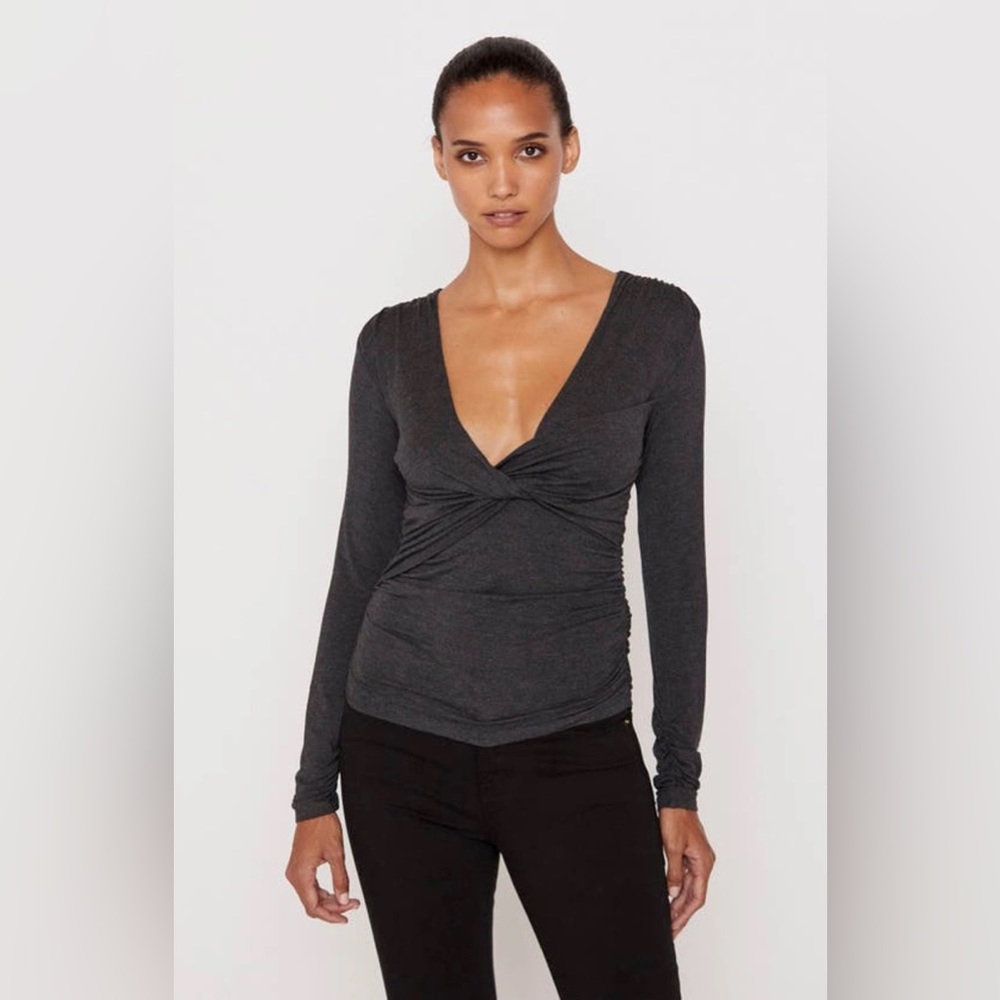 Frame Womens Plunge Twist Neck Long Sleeve Knit Top in Charcoal Heather Small